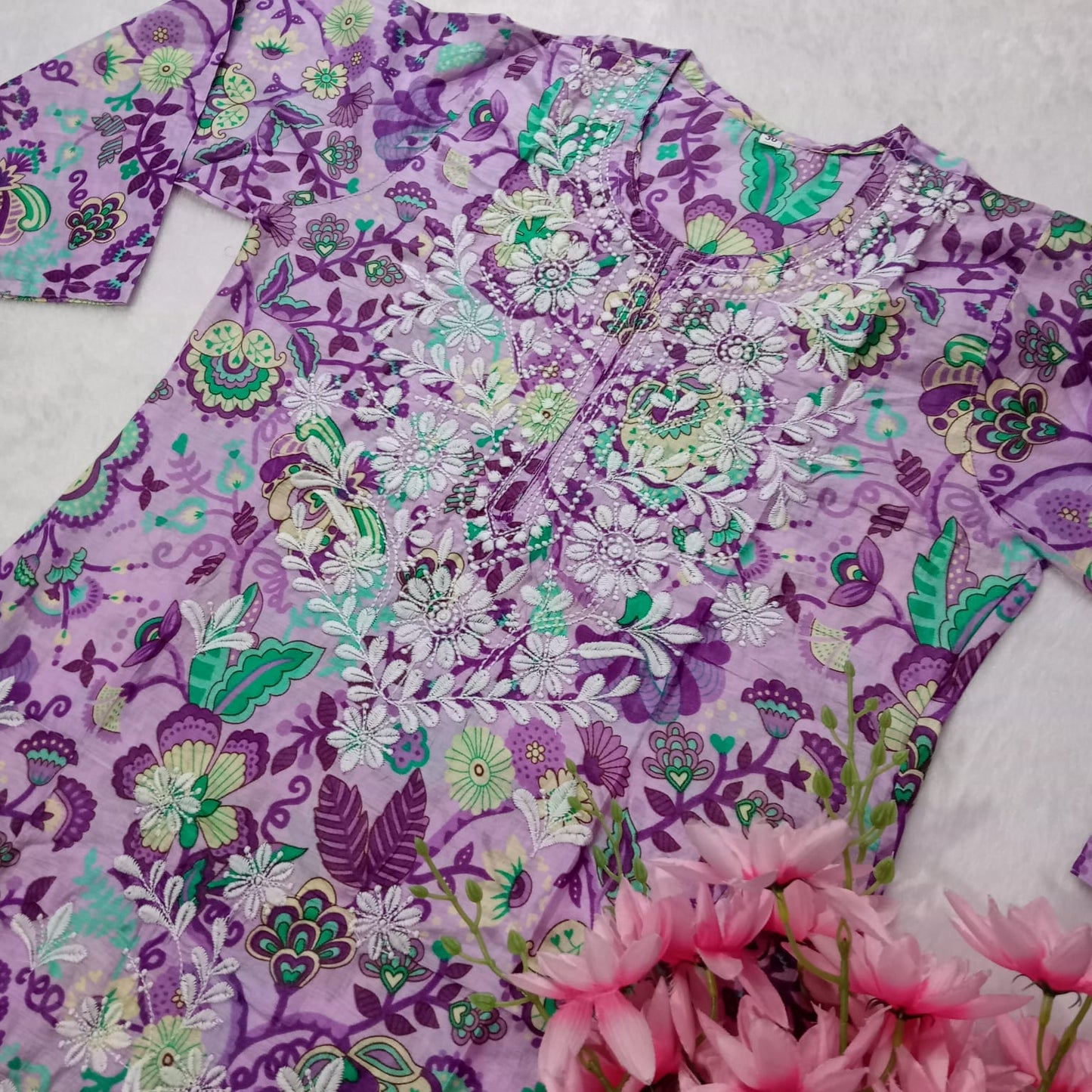 MULMUL COTTON CHIKANKARI MACHINE WORK KURTI -PURPLE COLOUR - Chikankaar