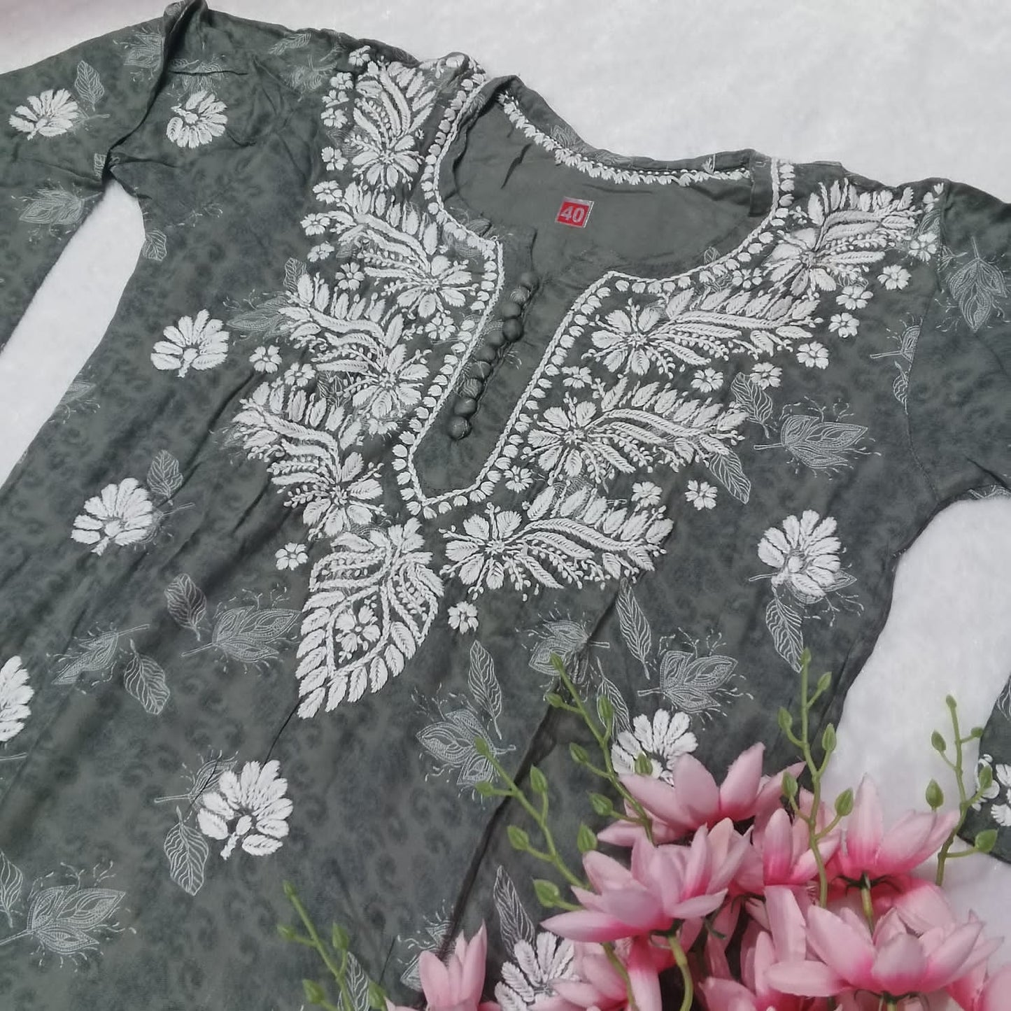 SOFT RAYON PRINTED CHIKANKARI KURTI - GREY COLOR - Chikankaar