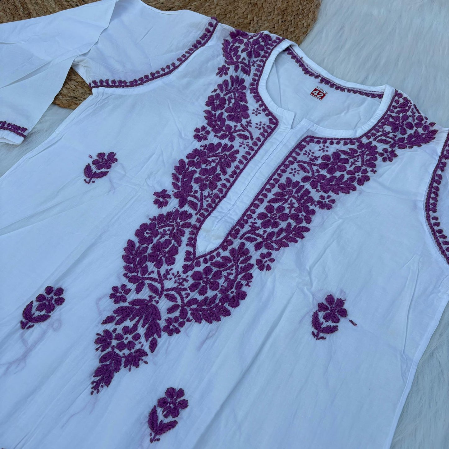 Shraddha Kapoor inspired Pure Cotton Chikankari Kurti - White Mauve Color - Chikankaar