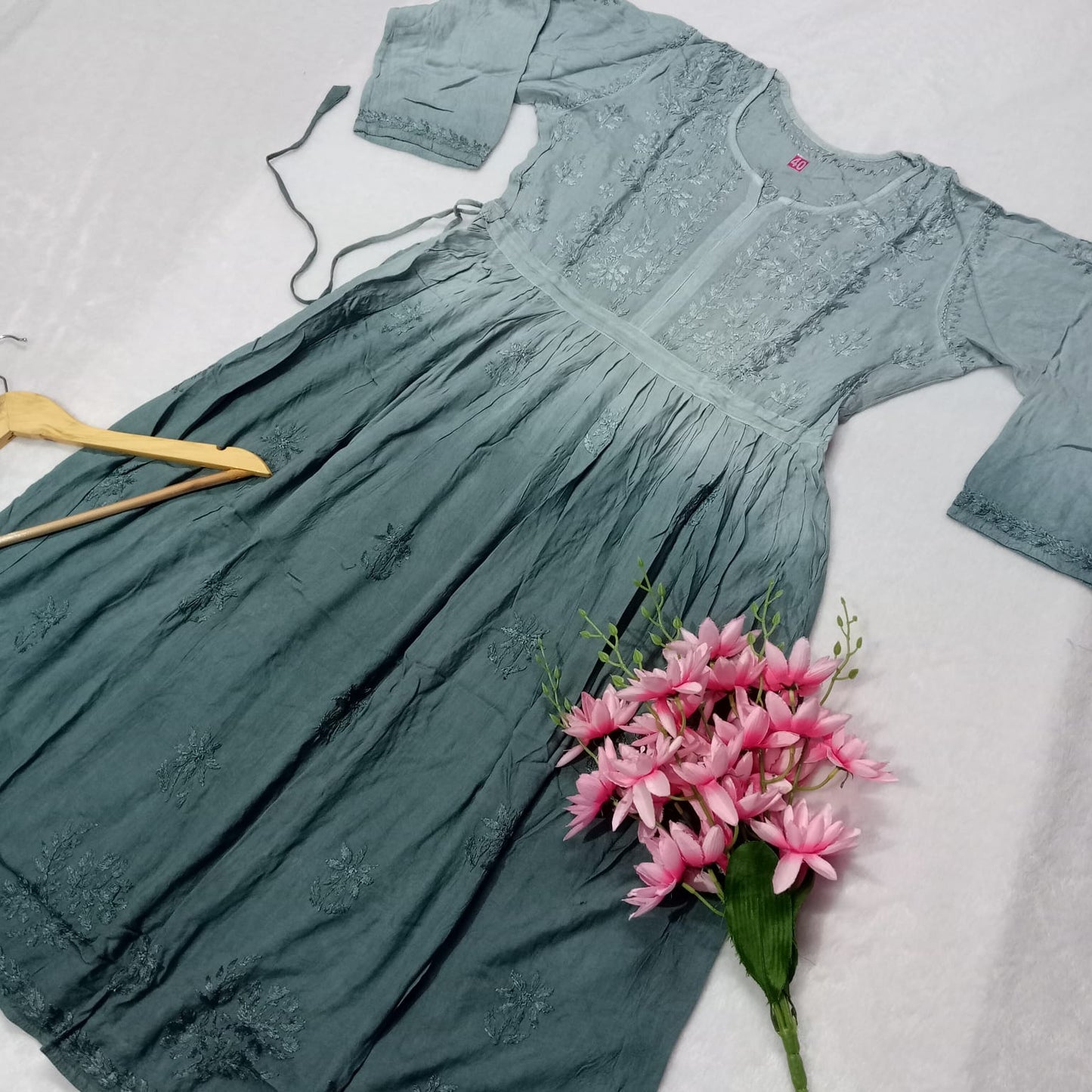 Pure Modal Dual Shaded Chikankari Gown With Dori -Grey Colour - Chikankaar