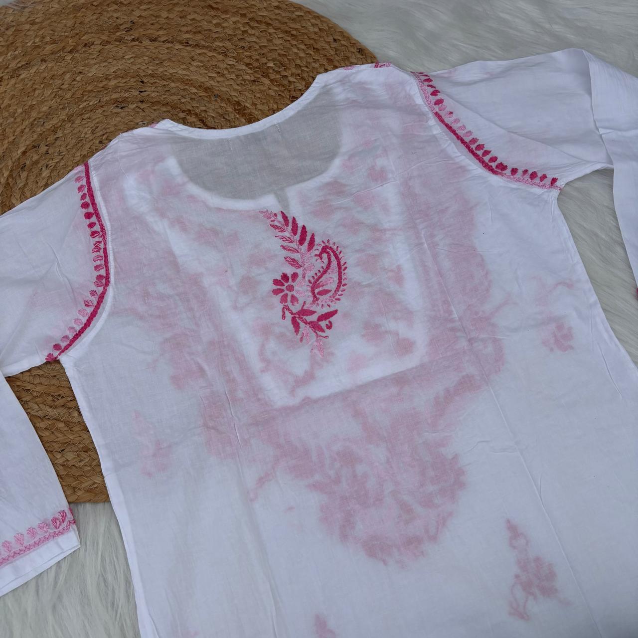 Zoya Cotton Lucknowi Chikankari Kurti - White Pink Color
