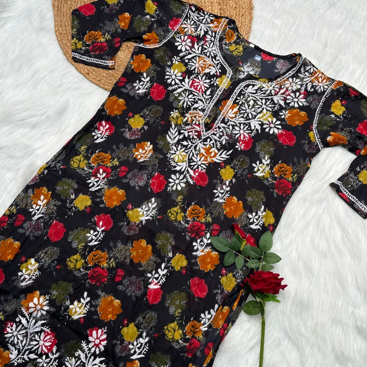 Plus size special-Dhanashree Inspired Mulmul Floral Printed Chikankari Handwork Kurti -Black Colour - Chikankaar