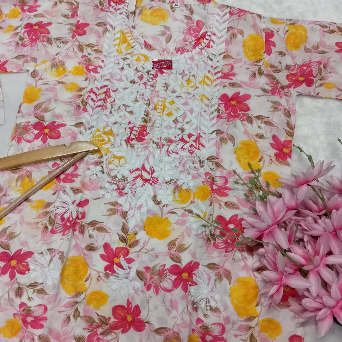 Mulmul Cotton Chikankari Short Kurti -Pink Colour - Chikankaar