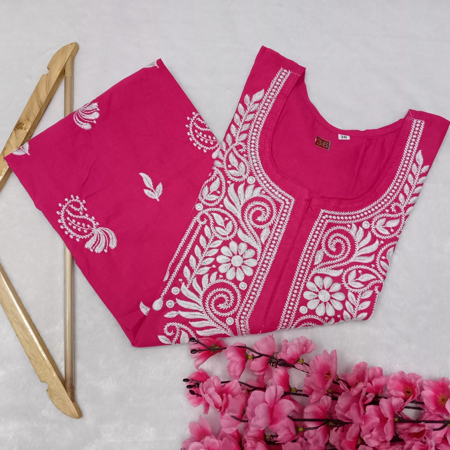 COTTON MACHINE WORK CHIKANKARI KURTI -RANI COLOUR - Chikankaar