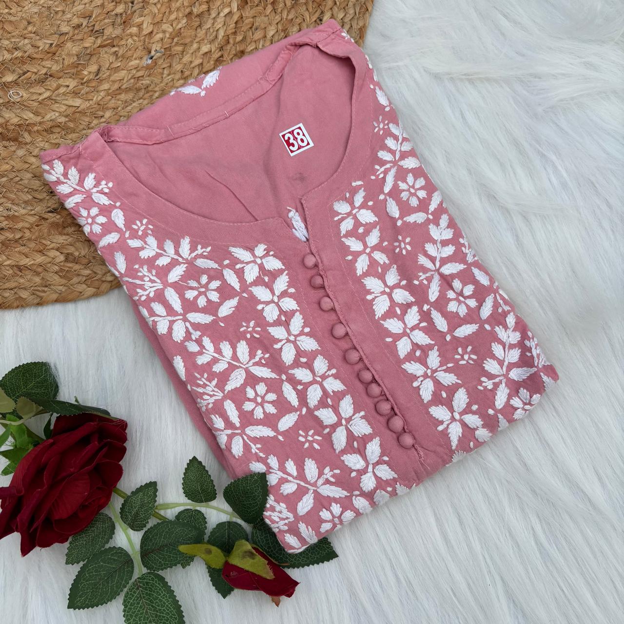 Ameena Soft Rayon Chikankari Kurti - Peach Colour