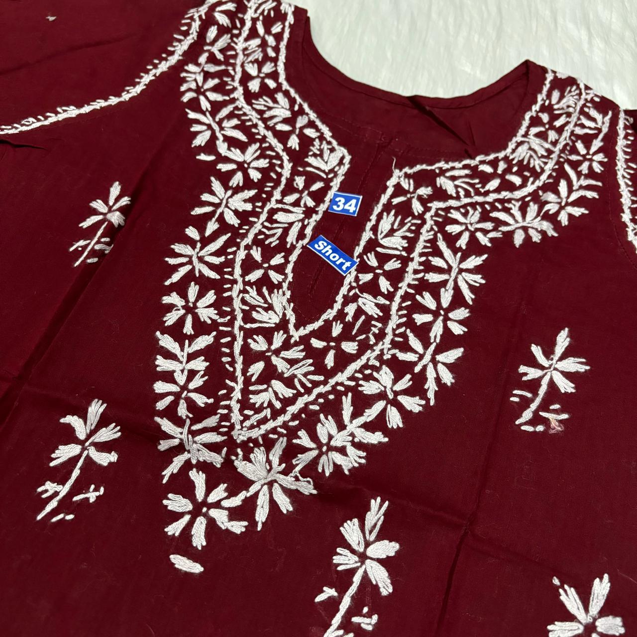 Ziya Pure Cotton Chikankari Short Top- Maroon Colour - Chikankaar