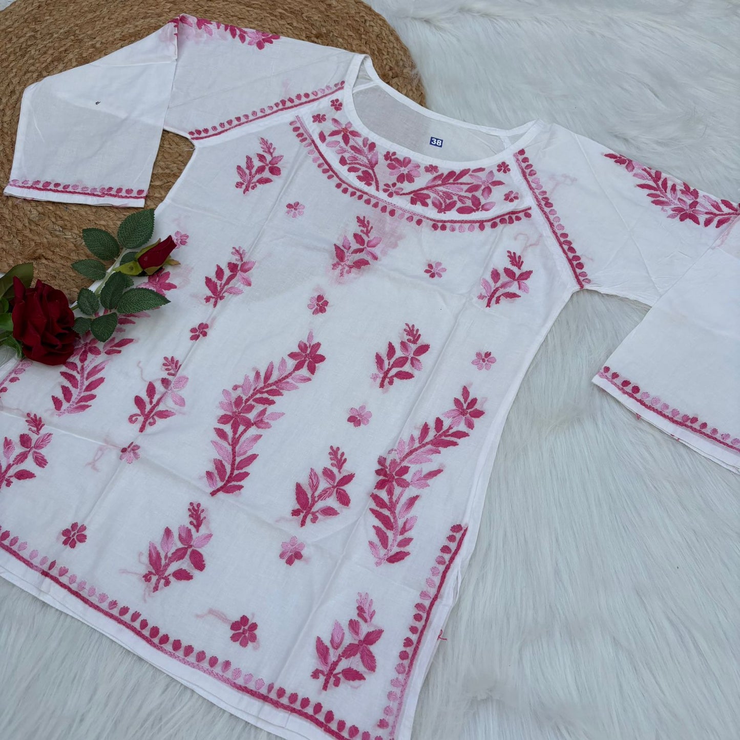 Alia Soft Rayon Chikankari Short Kurti - White Pink Color - Chikankaar