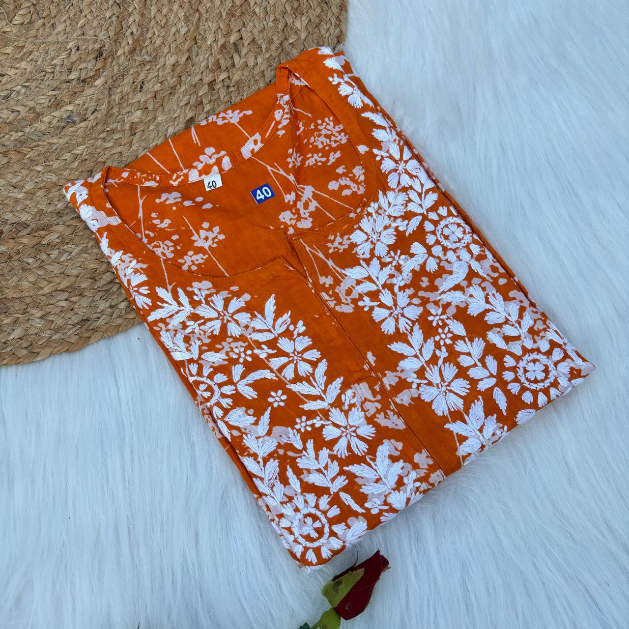 Mahira Sharma Inspired Pure Mulmul Printed Chikankari Handwork Kurti - Orange Colour - Chikankaar
