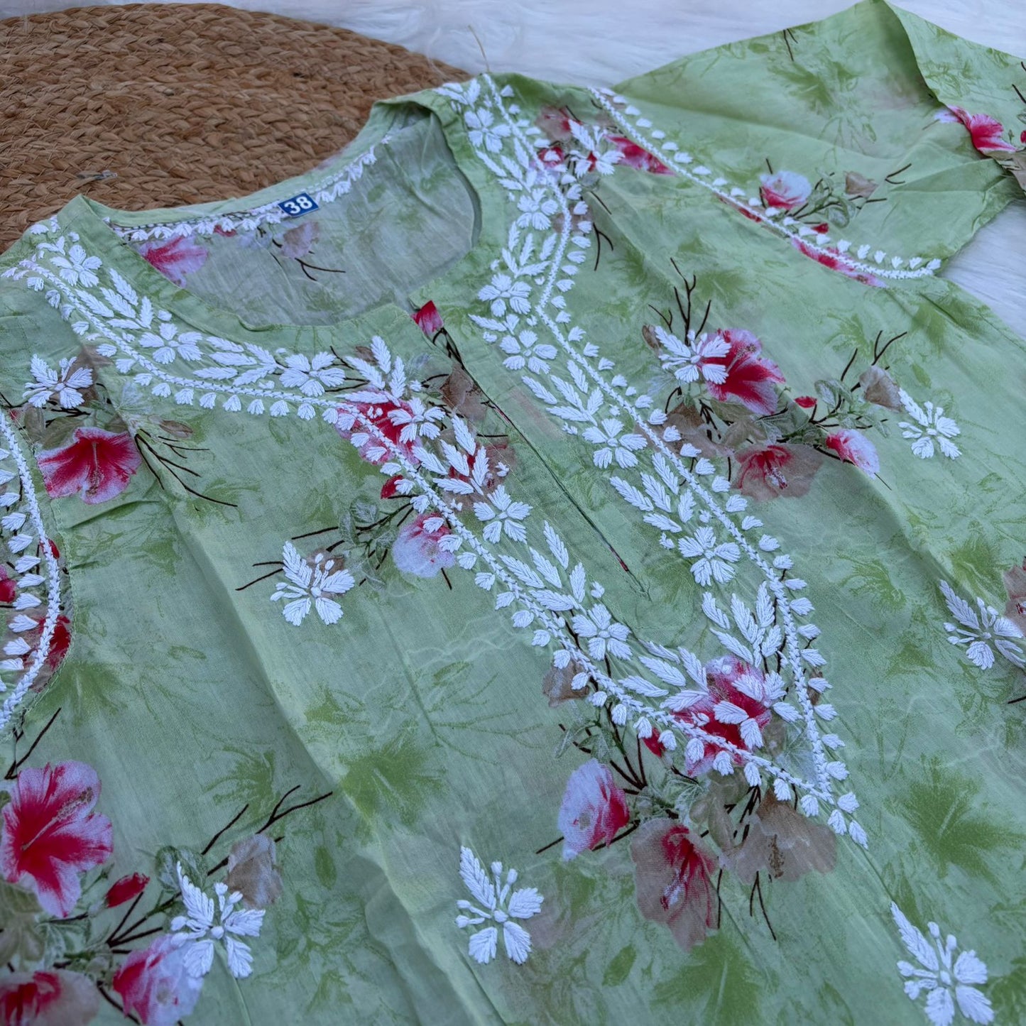 Rasha Pure Mulmul Chikankari Kurti - Pista Colour