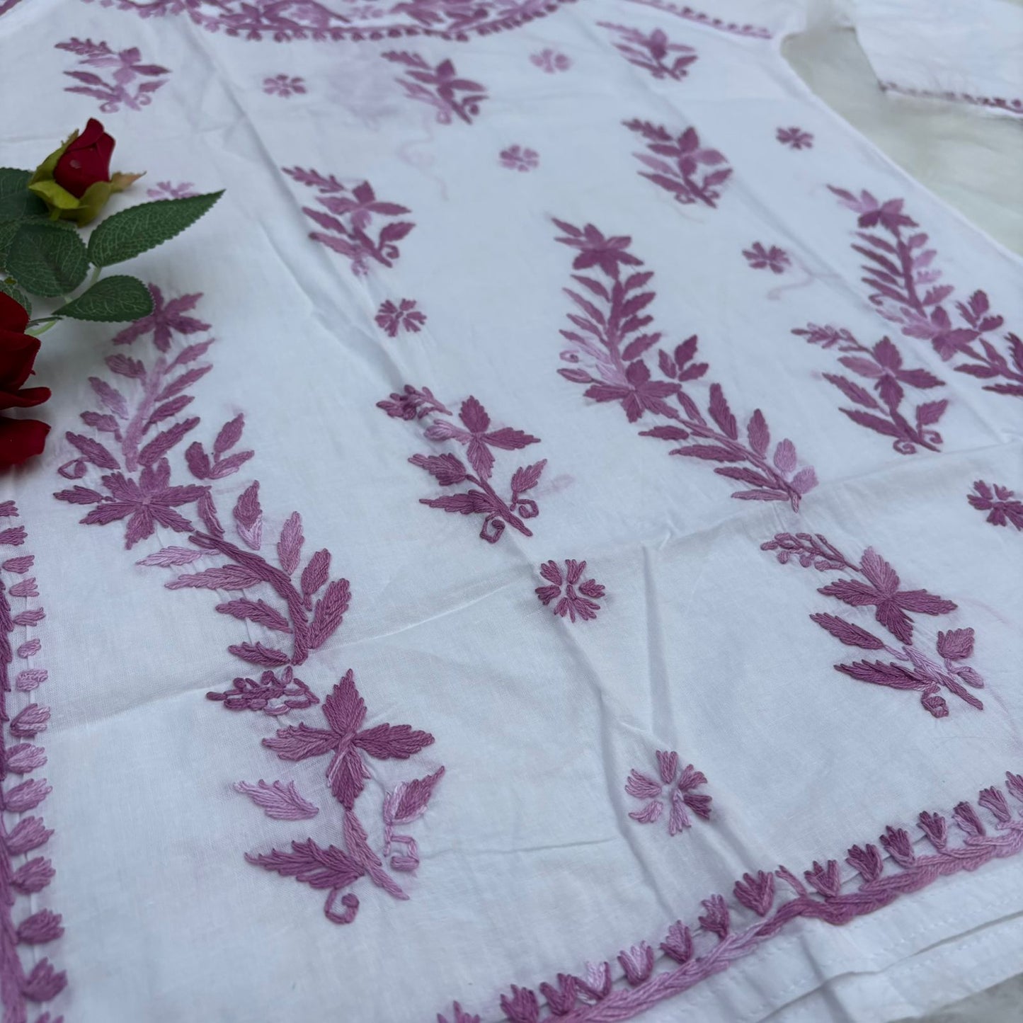 Alia Soft Rayon Chikankari Short Kurti - White Mauve Color - Chikankaar