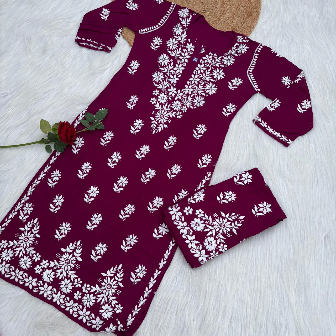 Maya Rayon Chikankari Kurti Plazo Set - Wine Colour