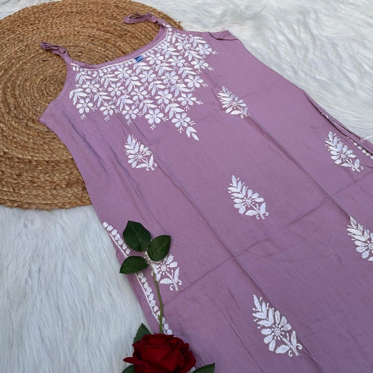 Safa Rayon Chikankari Noodle Strap Short Kurti - Mauve colour (Length - 38")