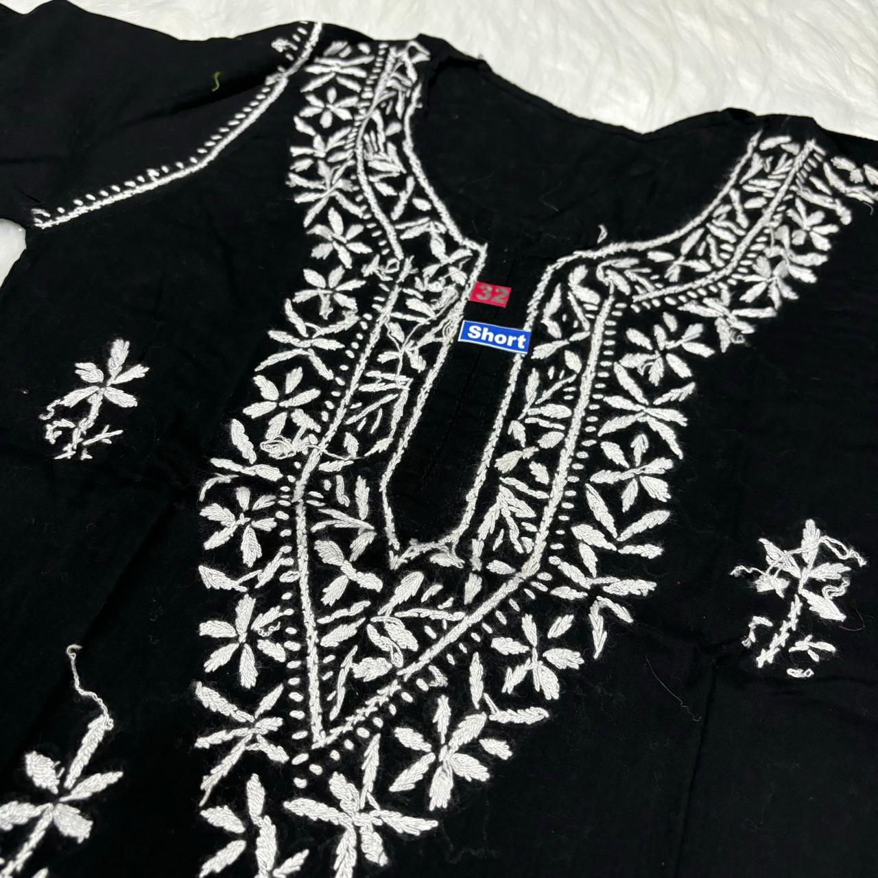 Ziya Pure Cotton Chikankari Short Top- Black Colour - Chikankaar