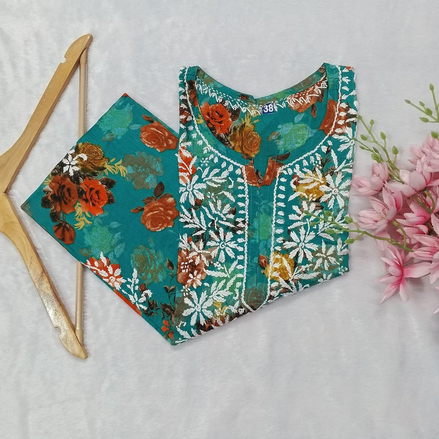Dhanashree Inspired Mulmul Floral Printed Chikankari Handwork Kurti -Sea Green Colour - Chikankaar