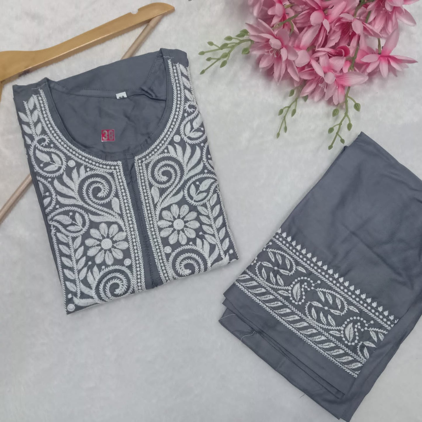 Rayon Chikankari Machine Work Kurti Plazo Set- Grey Colour - Chikankaar