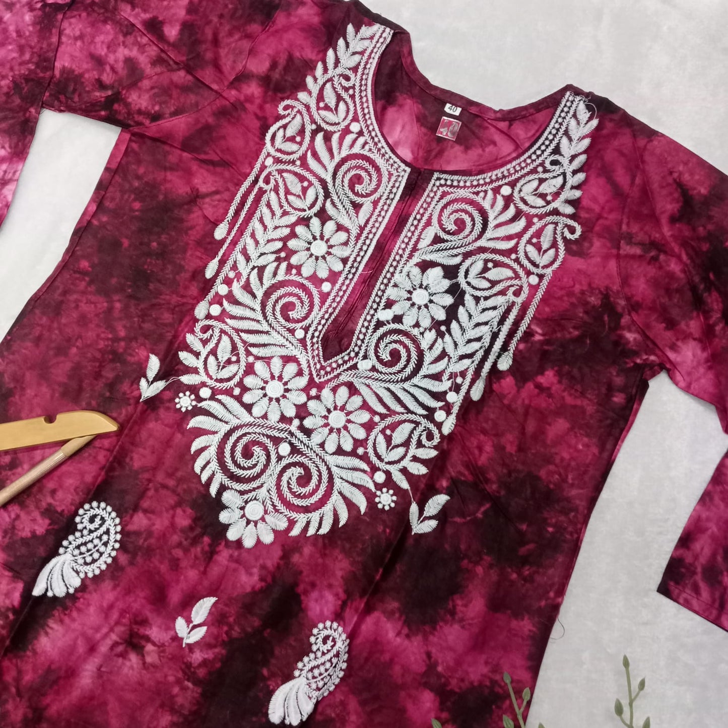 Rayon Tie & Dye Chikankari Machine Work Kurti- Magenta Colour - Chikankaar