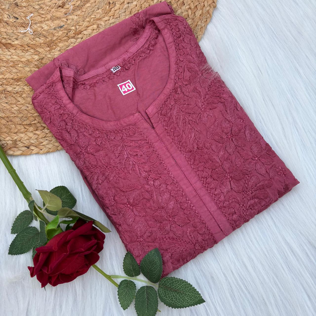 Zooni Chanderi Lucknowi Chikankari Dyed Kurti-Magenta colour