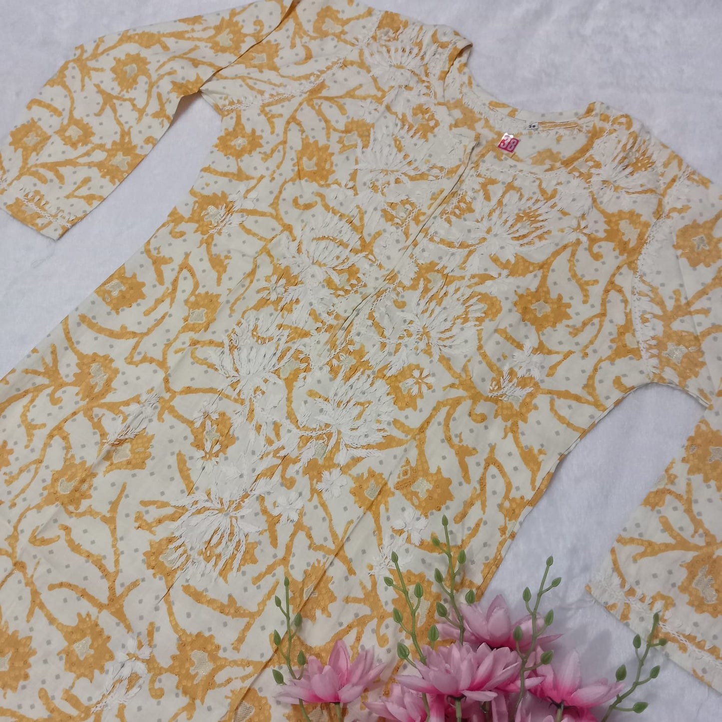 Modal Slub Chikankari Lotus Work Kurti -Yellow Colour - Chikankaar