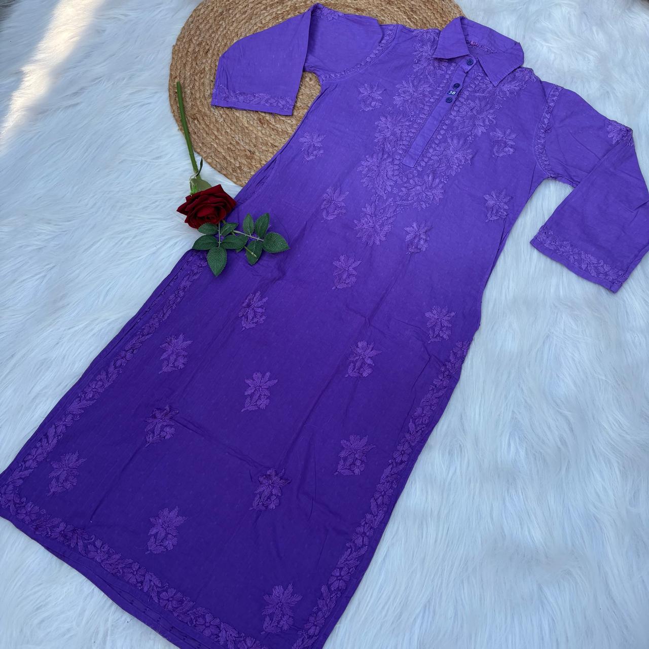 Sadia Dobby Cotton Ombre Shaded Chikankari Kurti with Collar - Purple Colour