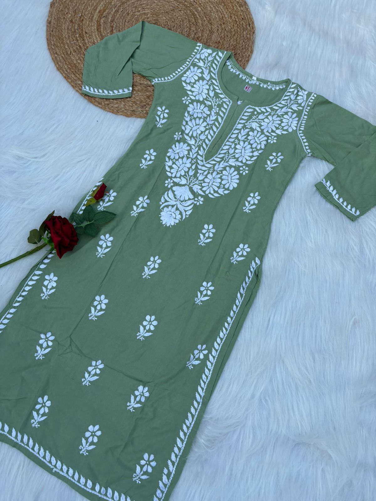 Hiba Soft Rayon Chikankari Kurti - Pista Colour - Chikankaar