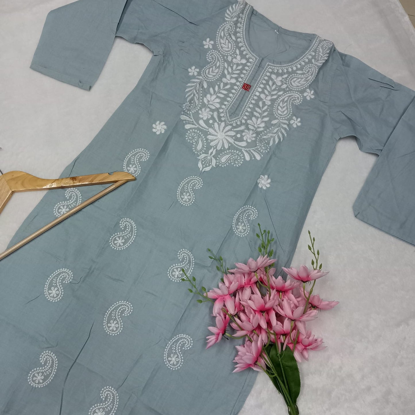 COTTON MACHINE WORK CHIKANKARI KURTI - GREY COLOUR - Chikankaar