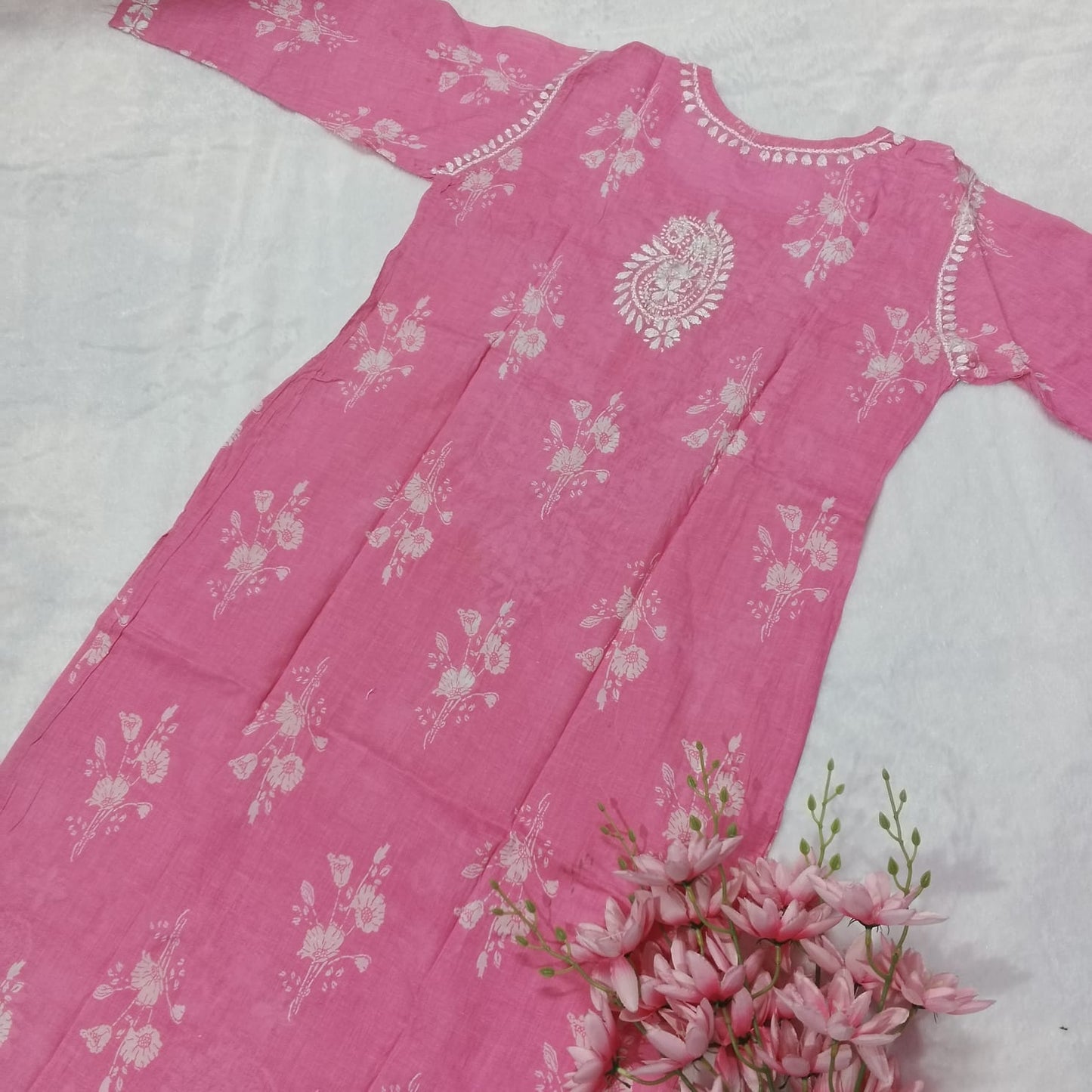 Pure Mulmul Printed Chikankari Kurti -Baby Pink - Chikankaar