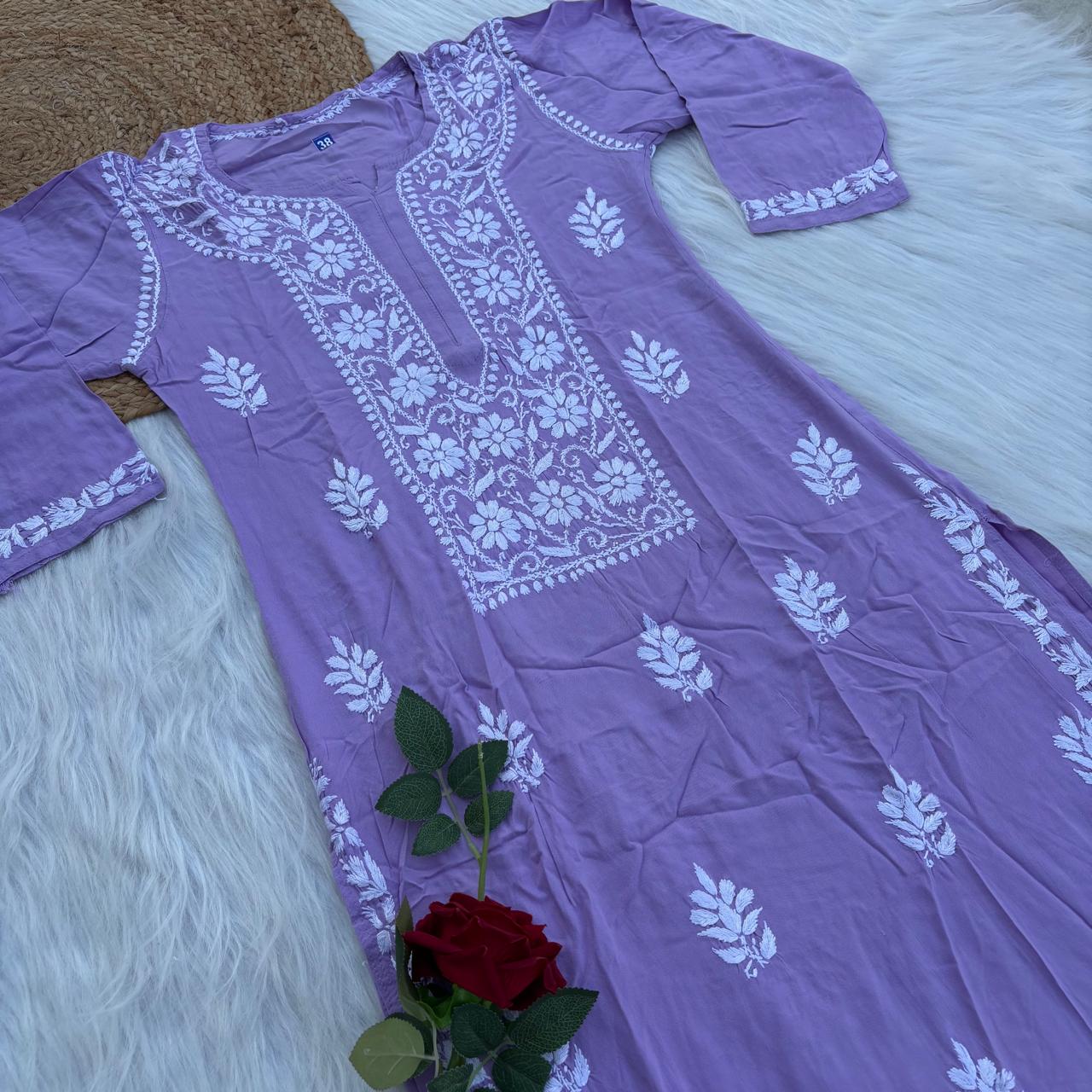 Soft Rayon Chikankari Kurti - Purple Colour