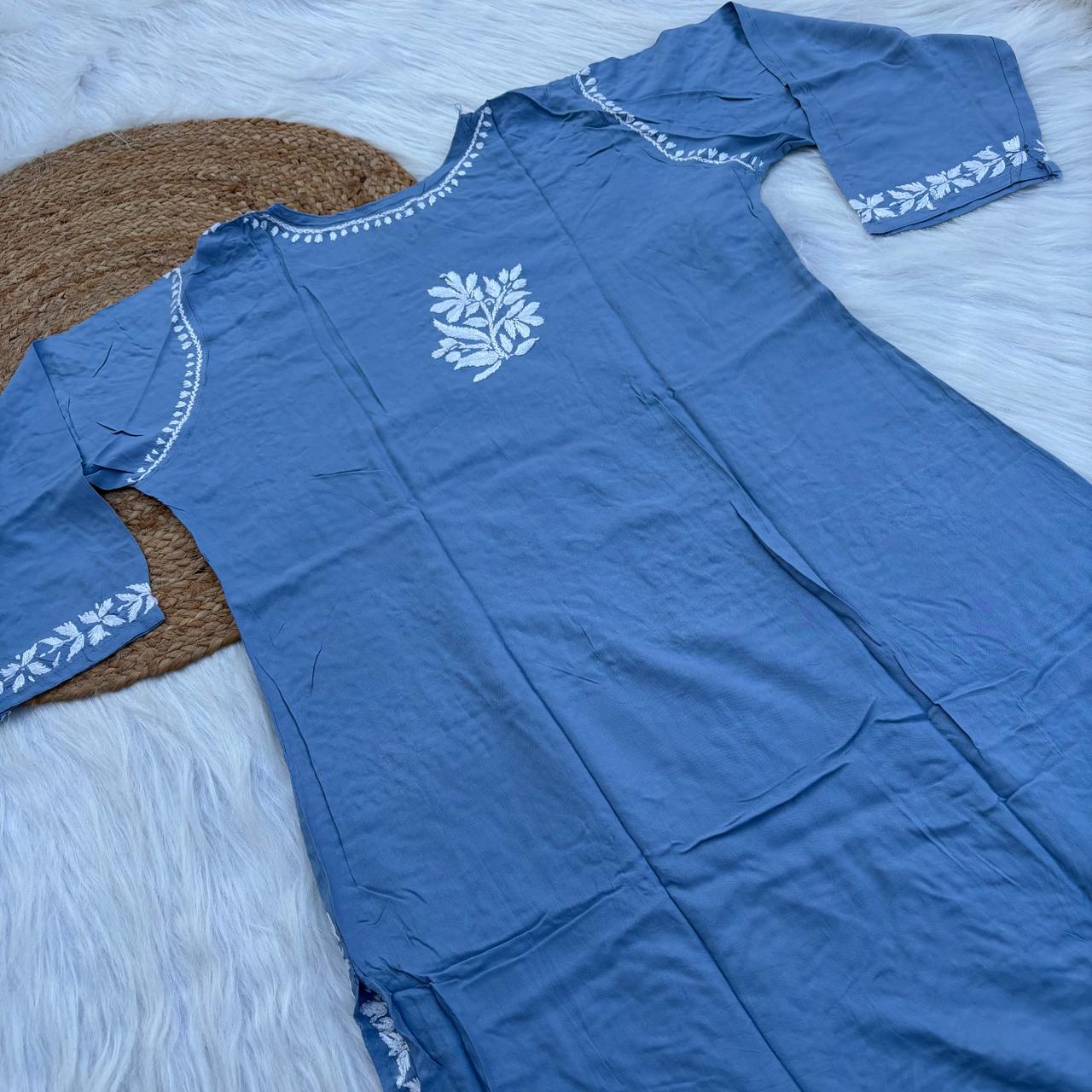 Soft Rayon Chikankari Kurti - Blue Colour