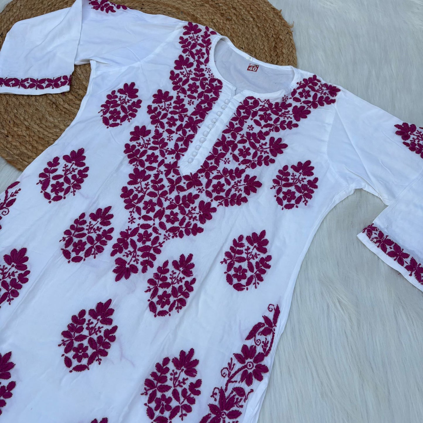 Amira Soft Rayon Chikankari Kurti - Rani on White Color - Chikankaar