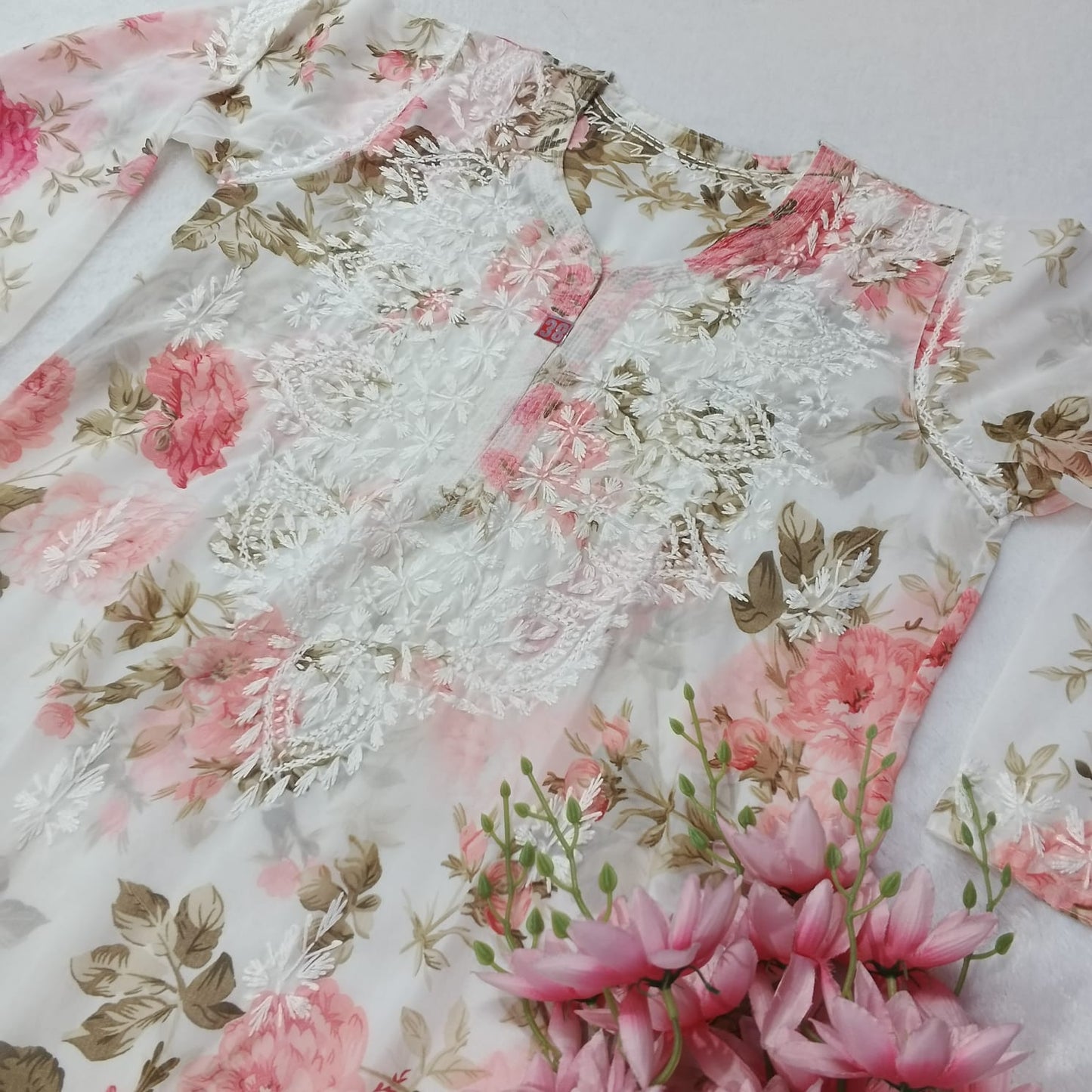 Chikankari Georgette Floral Printed Kurti - Pink Colour - Chikankaar