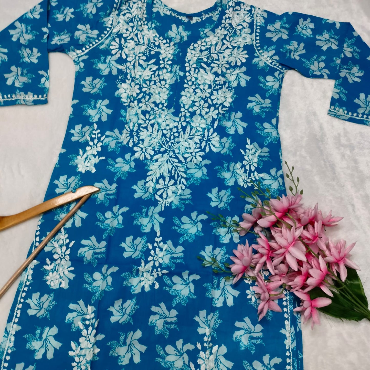 Suhana Khan Inspired Pure Mulmul Chikankari Kurti- Sky Blue Colour - Chikankaar