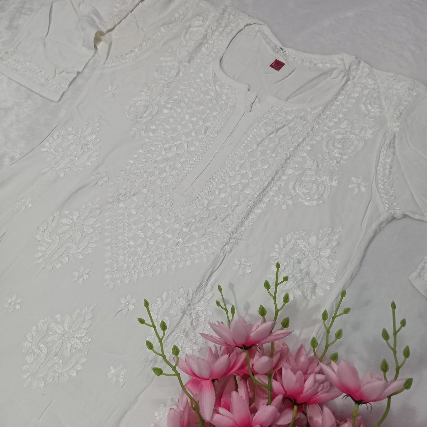 PURE RAYON CHIKANKARI KURTI - WHITE COLOR - Chikankaar