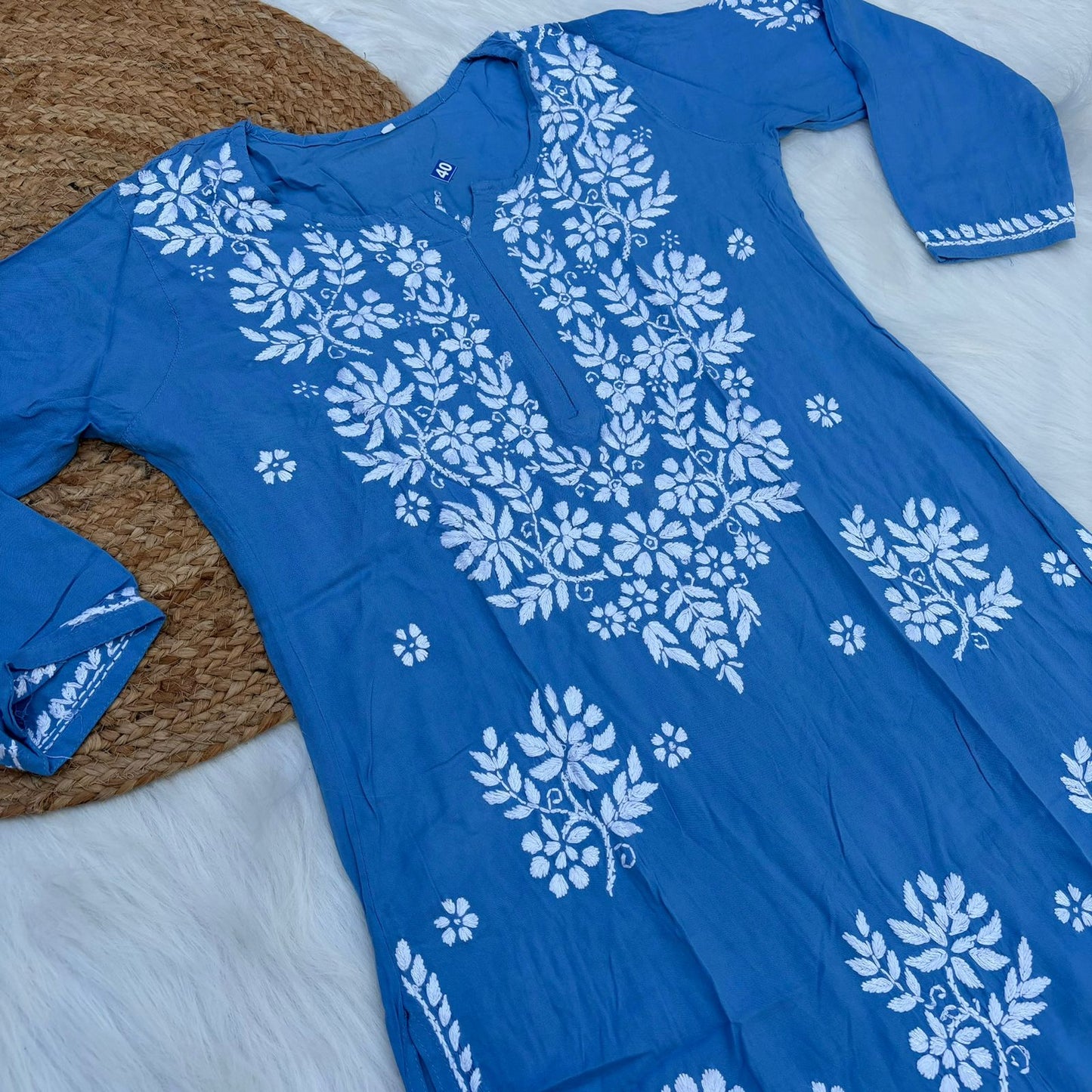 Jannat Soft Rayon Chikankari Kurti Plazo Set - Blue colour - Chikankaar