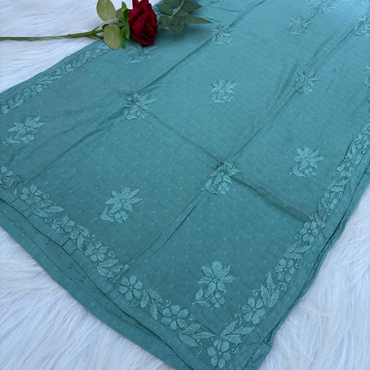 Sadia Dobby Cotton Ombre Shaded Chikankari Kurti with Collar - Rama Green Colour