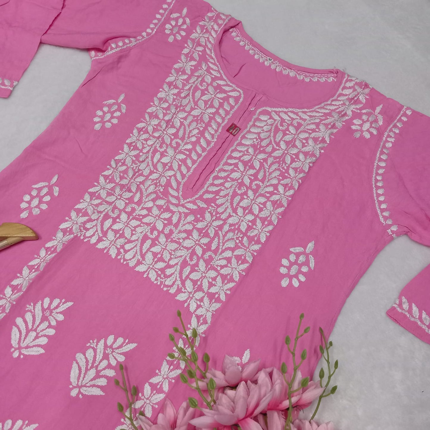 Soft Rayon Heavy Chikankari Panel Work Kurti -Pink Colour - Chikankaar