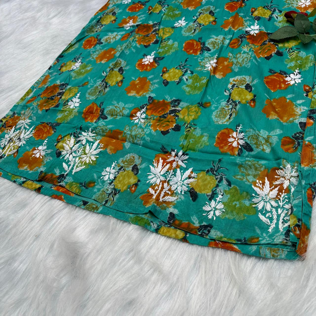 Plus size special-Dhanashree Inspired Mulmul Floral Printed Chikankari Handwork Kurti -Sea Green Colour - Chikankaar