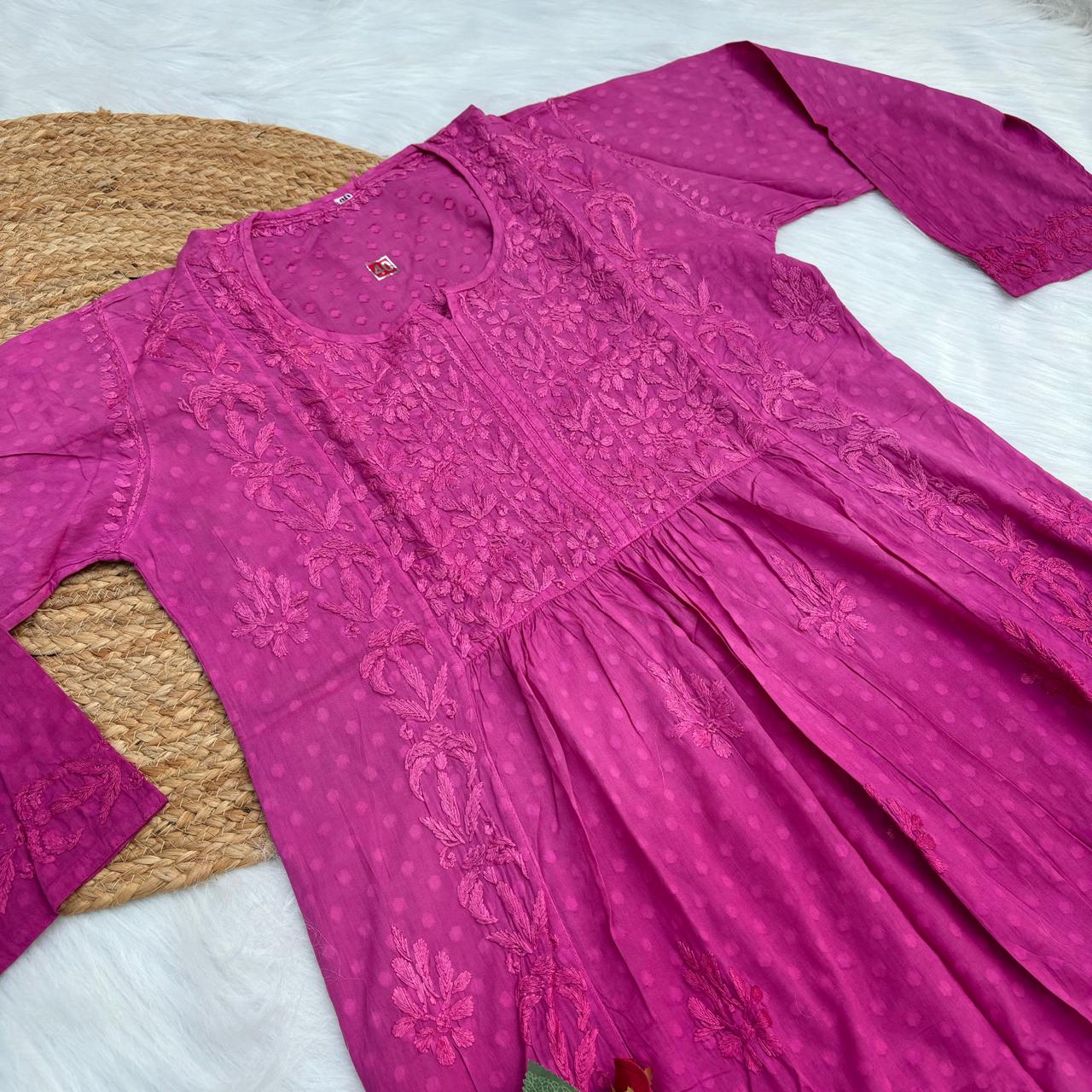 Aliya Dobby Cotton Nyra Cut Chikankari Aline Kurti - Fucshia Colour - Chikankaar