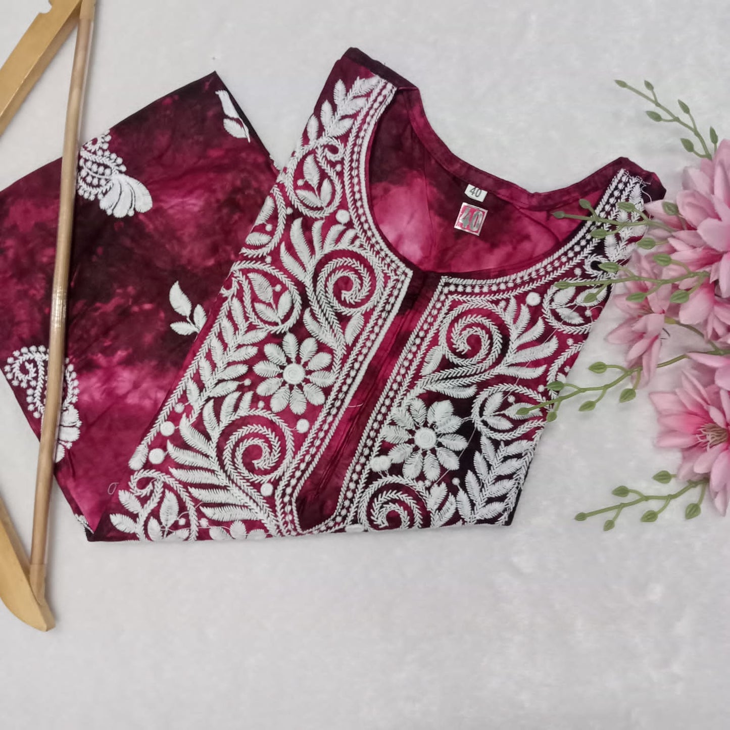 Rayon Tie & Dye Chikankari Machine Work Kurti- Magenta Colour - Chikankaar