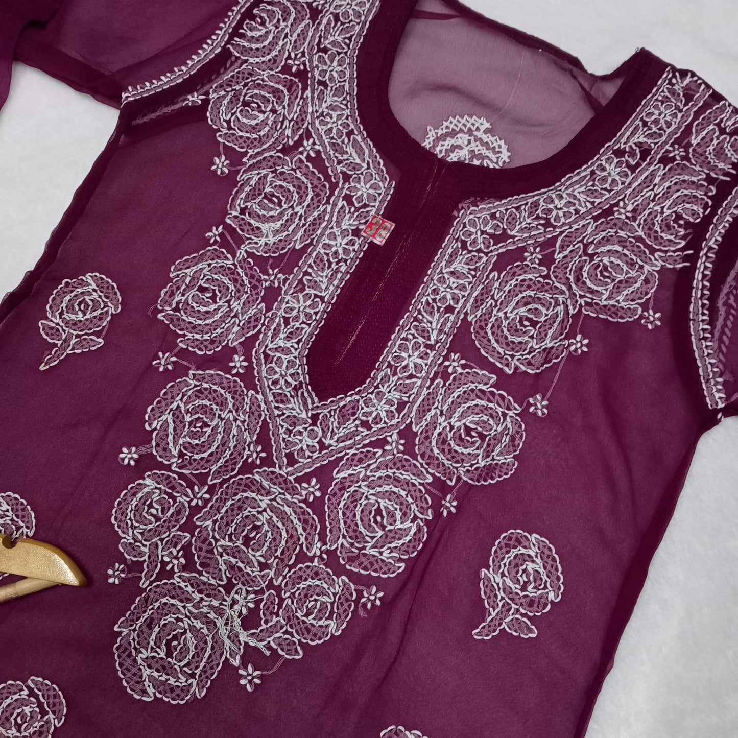 Georgette Chikankari Rose Work Kurti With Pure Cotton Inner -Wine Colour - Chikankaar