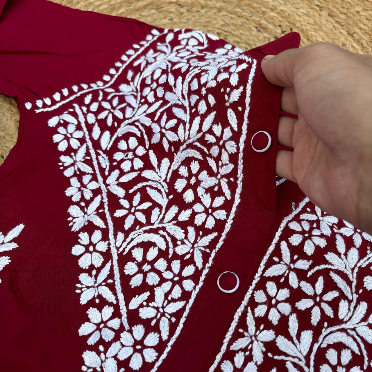 Rihana Rayon Chikankari Short Kurti Plazo Coord Set - Maroon colour - Chikankaar