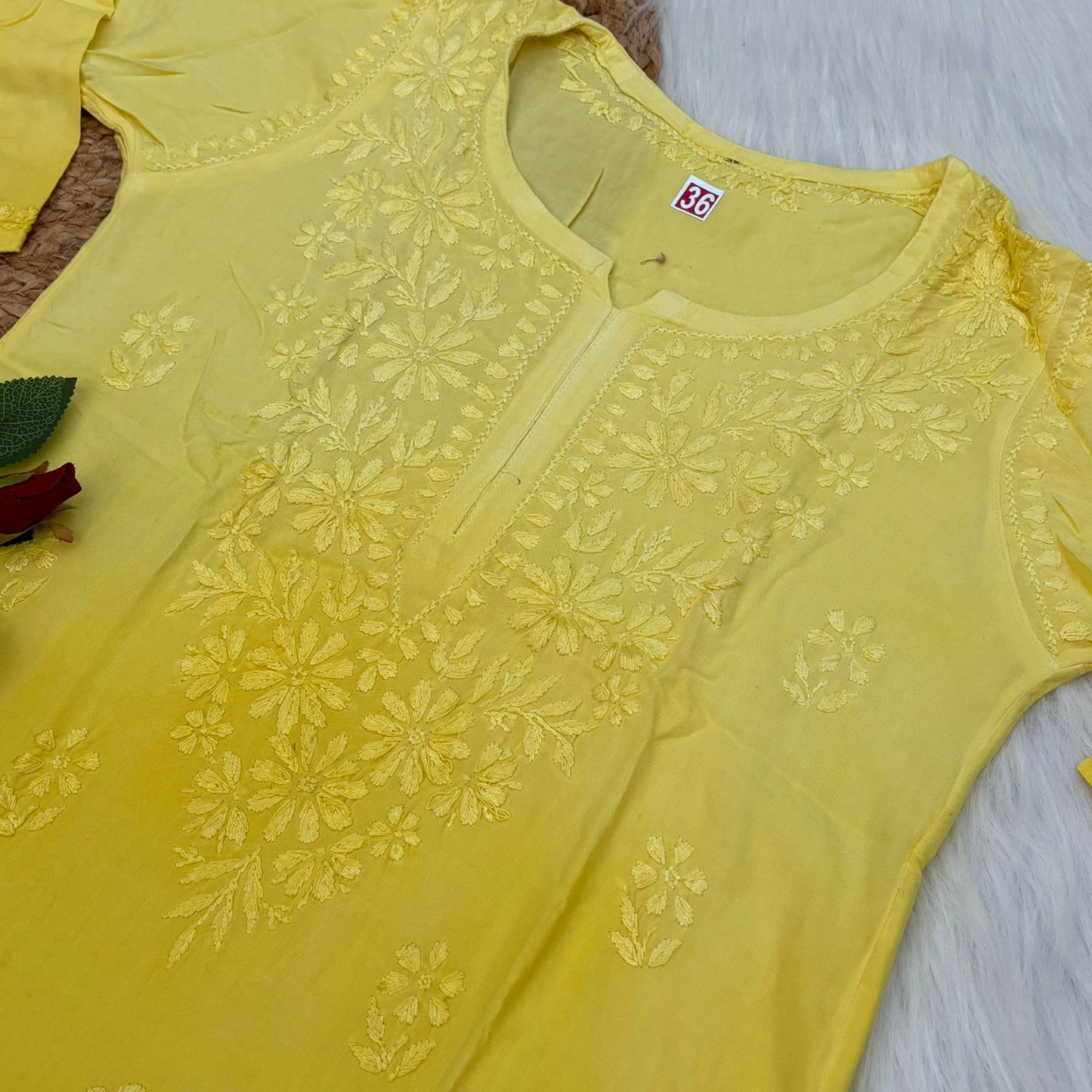 Sofia Ombre Shaded Soft Rayon Chikankari Short Kurti - Yellow Colour - Chikankaar