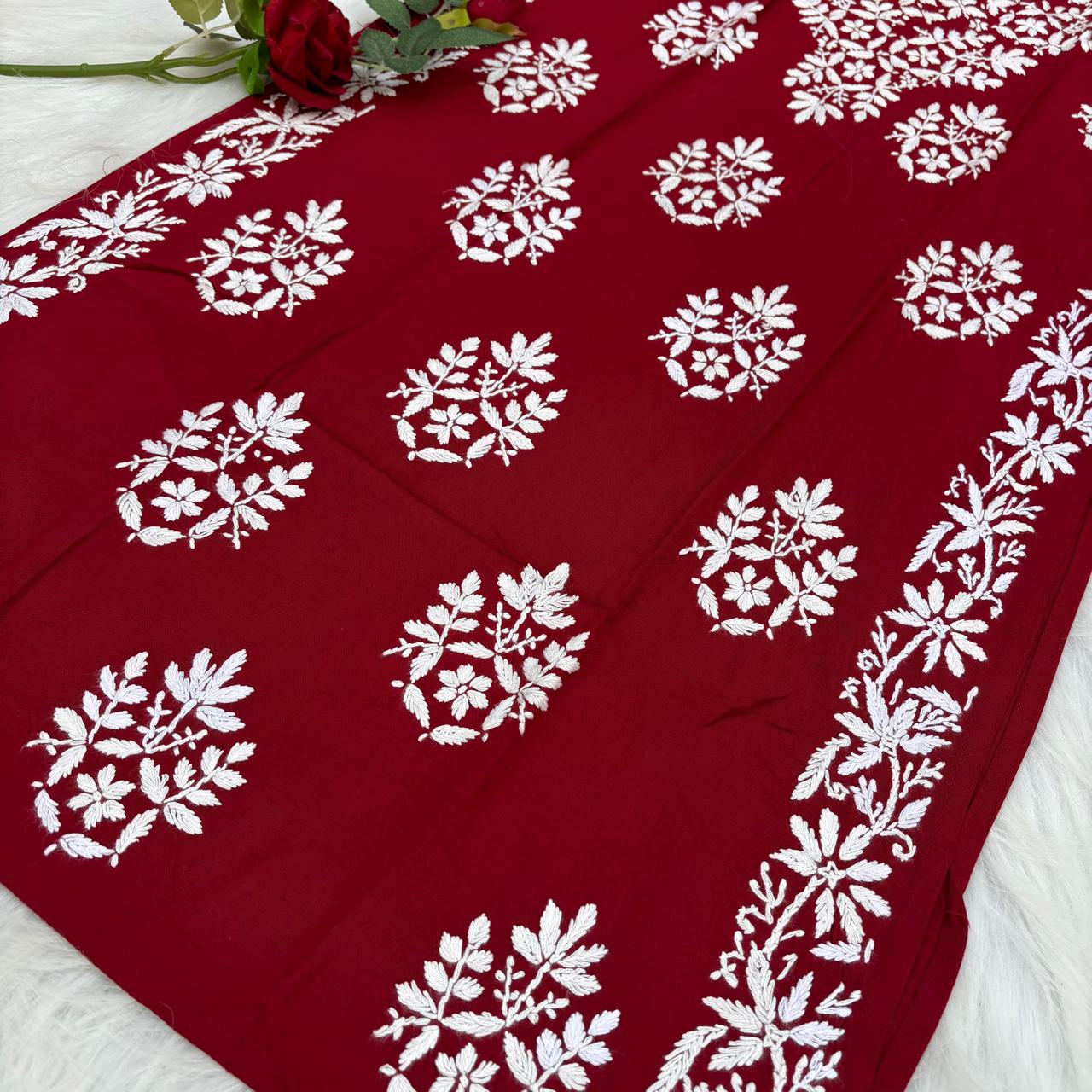 Ameena Soft Rayon Chikankari Kurti - Maroon Colour