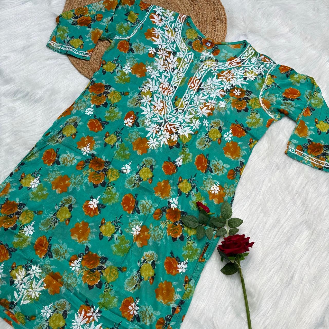 Plus size special-Dhanashree Inspired Mulmul Floral Printed Chikankari Handwork Kurti -Sea Green Colour - Chikankaar