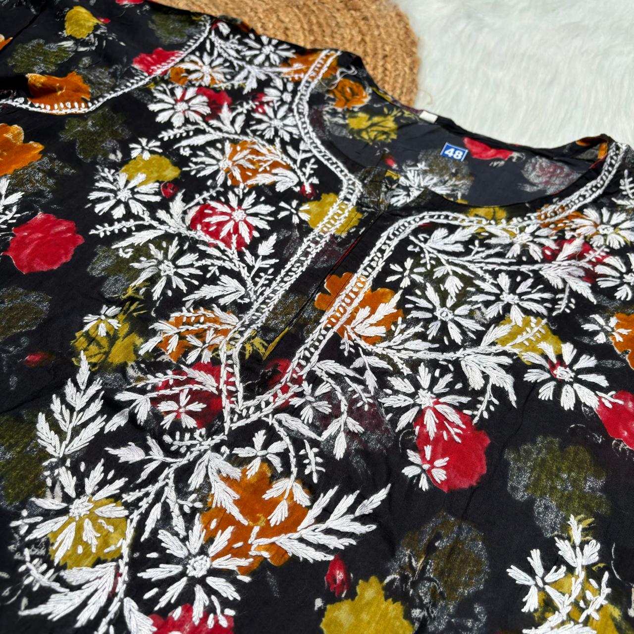 Plus size special-Dhanashree Inspired Mulmul Floral Printed Chikankari Handwork Kurti -Black Colour - Chikankaar