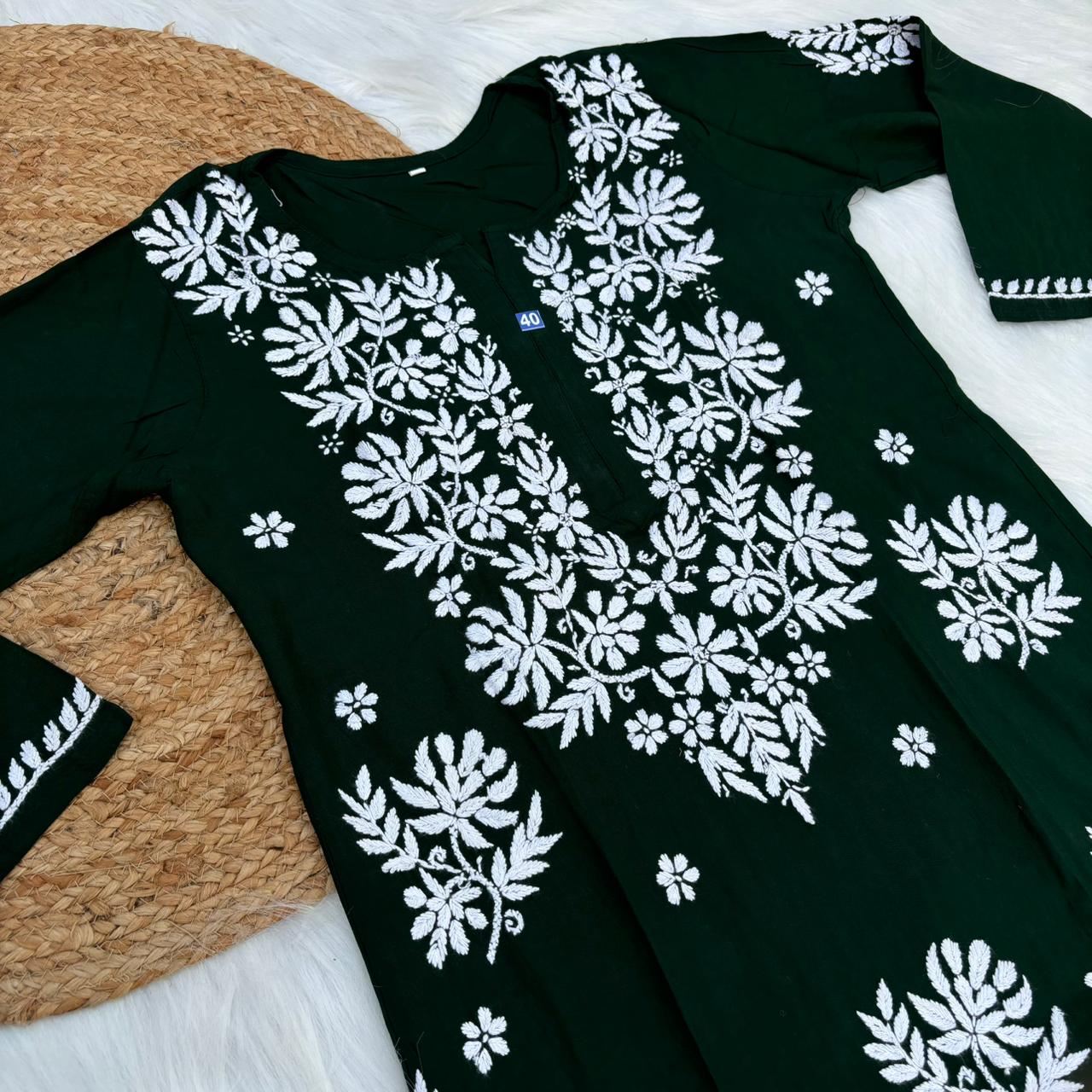 Jannat Soft Rayon Chikankari Kurti Plazo Set - Dark Green colour - Chikankaar
