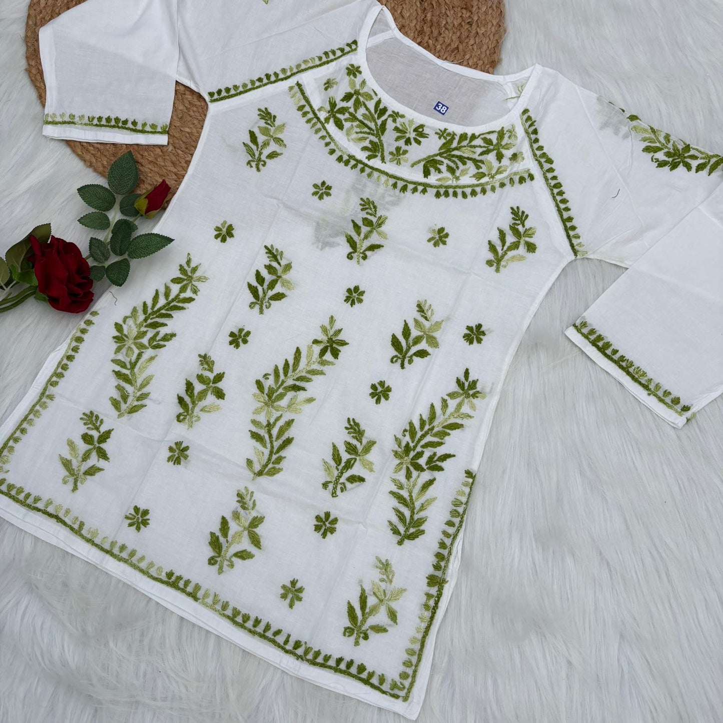 Alia Soft Rayon Chikankari Short Kurti - White Green Color - Chikankaar