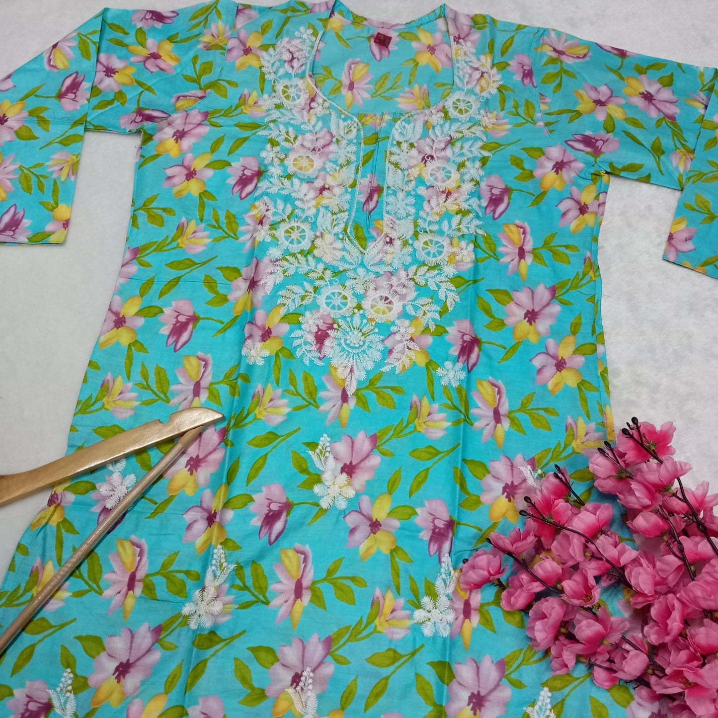Mulmul Cotton Chikankari Machine Work Kurti -Blue Colour - Chikankaar