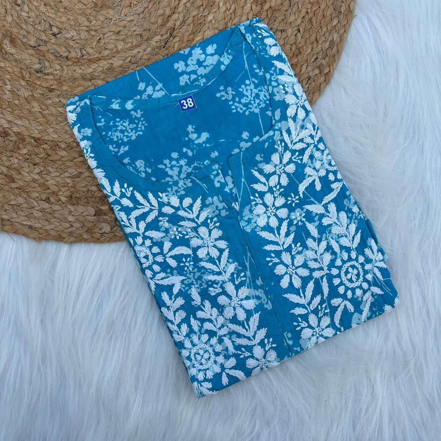 Mahira Sharma Inspired Pure Mulmul Printed Chikankari Handwork Kurti - Blue Colour - Chikankaar