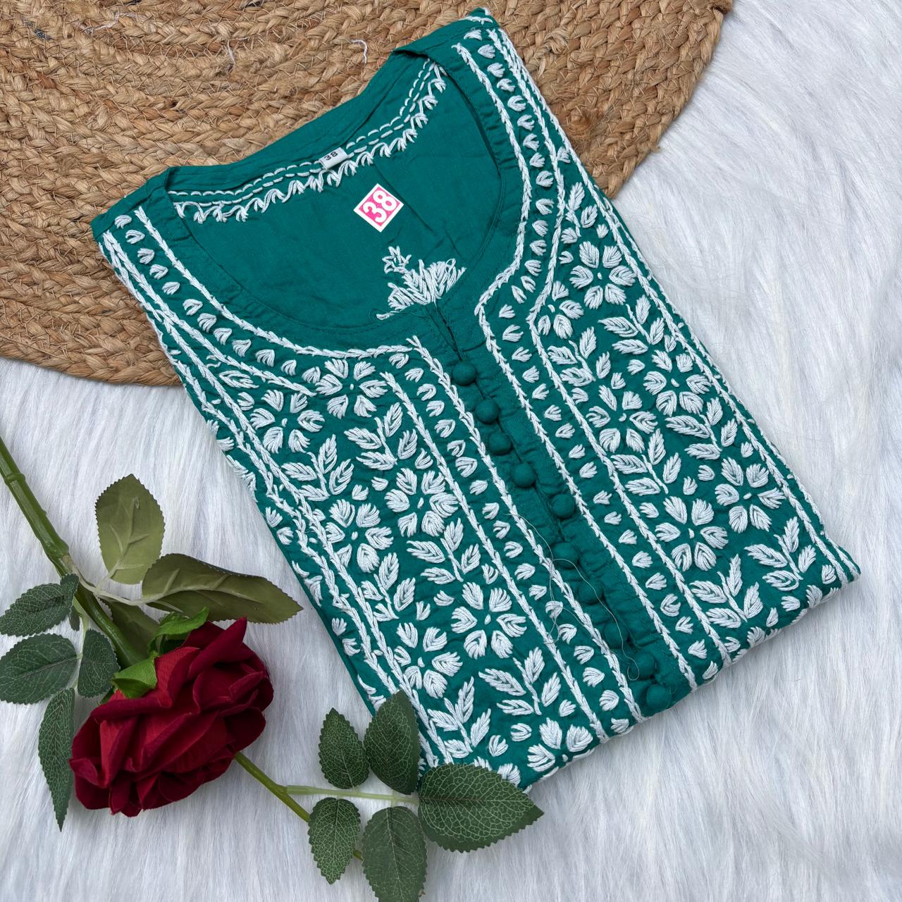 Shanaya Pure Cotton Chikankari Kurti Sea Green Colour