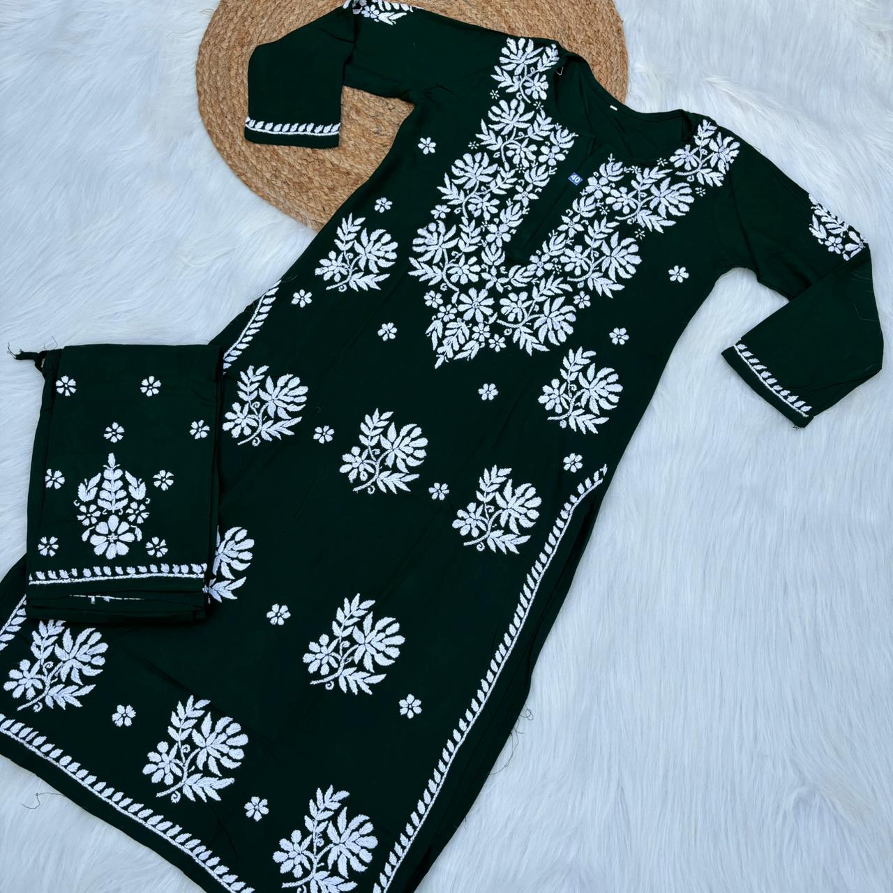 Jannat Soft Rayon Chikankari Kurti Plazo Set - Dark Green colour - Chikankaar